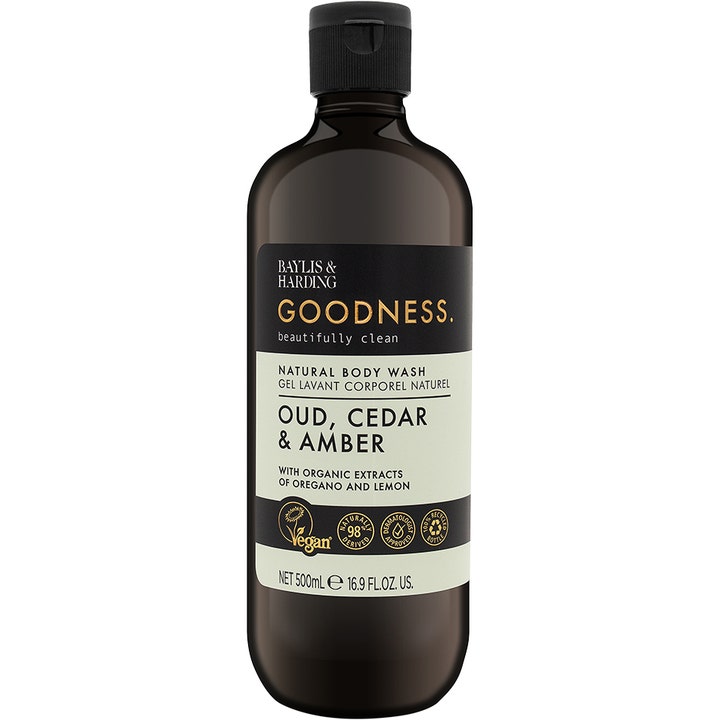Baylis & Harding Goodness Oud Cedar & Amber 500 ml kroppsvask i mørk flaske med svart kork