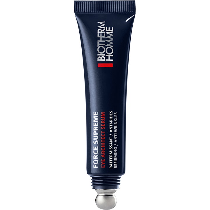 Biotherm Homme Force Supreme 15 ml anti-age øyekrem i mørkeblå tube med kjølende metallapplikator.