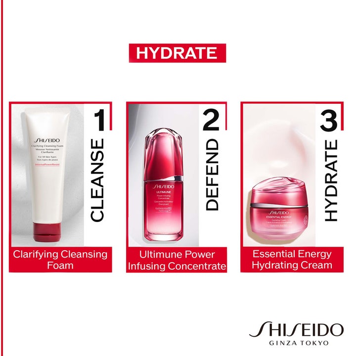 Shiseido Essential Energy Hydrating Day Cream 50 ml fuktighetskrem i en tre-stegs rutine for rens, forsvar og fukt.