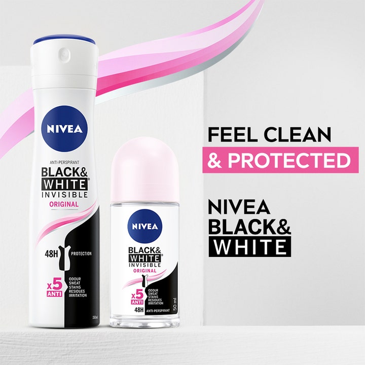 NIVEA Black & White Original 150 ml spray og roll-on deodorant som gir 48 timers beskyttelse og ren følelse.