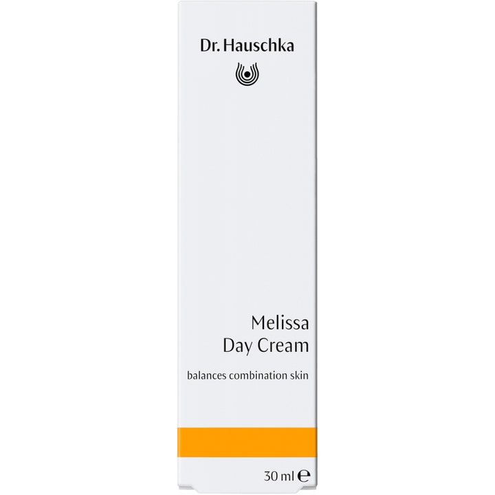 Dr. Hauschka Melissa Day Cream 30 ml balanserer kombinasjonshud i hvit eske med oransje stripe og logo