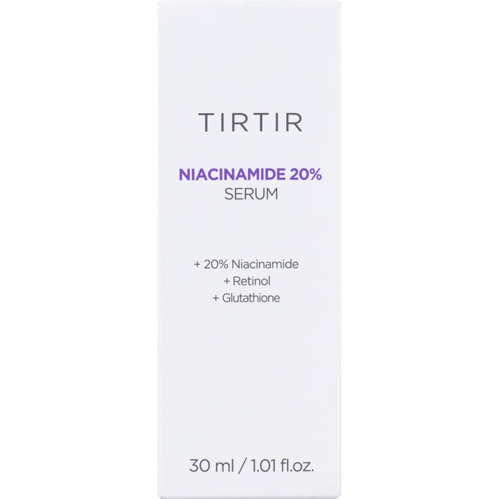 TIRTIR Niacinamide 20% Serum 30 ml i hvit ytteremballasje med lilla tekst inneholder retinol og glutathione.