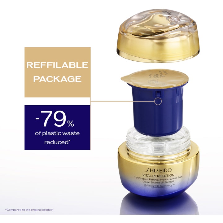 Shiseido Vital Perfection Advanced Soft Cream 50 ml refill i blått og gull reduserer plastavfall