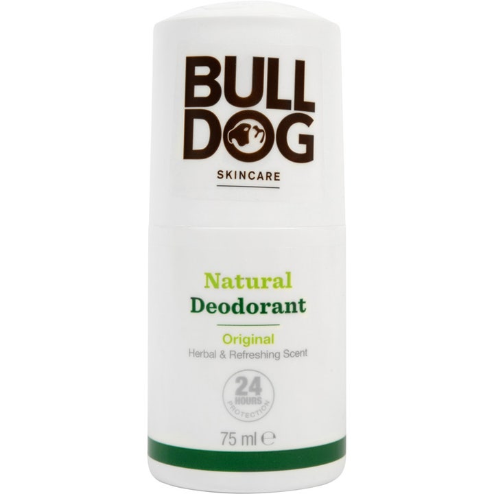 Bulldog Natural Deodorant Original 75 ml gir 24 timers beskyttelse i en hvit plastbeholder med grønn tekst