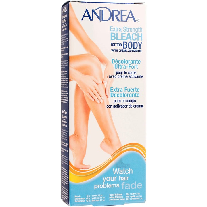Andrea Extra Strength Bleach for the Body 42g blekemiddel som lysner hår i en hvit og blå eske.