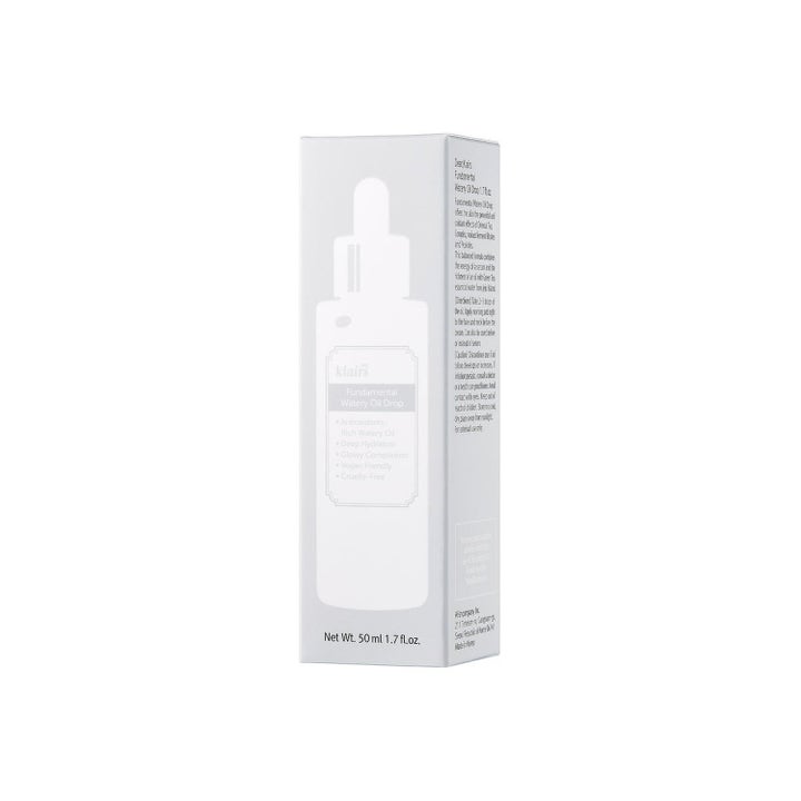 Klairs Water Lock 50 ml fuktgivende ansiktsserum i hvit ytteremballasje med illustrasjon av en pipetteflaske.