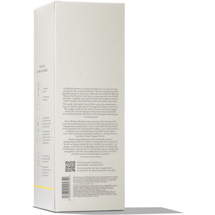 Molton Brown Orange & Bergamot Infinite Bath & Shower Gel 400 ml dusjsåpe i hvit ytteremballasje med instruksjoner