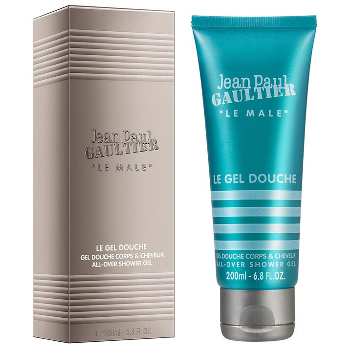 Jean Paul Gaultier Le Male Shower Gel 200 ml oppfriskende dusjsåpe i turkis stripete tube og sølvfarget metallisk eske