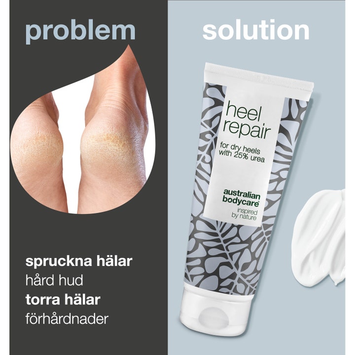 Australian Bodycare Heel Repair 100 ml fotkrem mot sprukne hæler viser tube med 25 % urea og hvit kremtekstur.