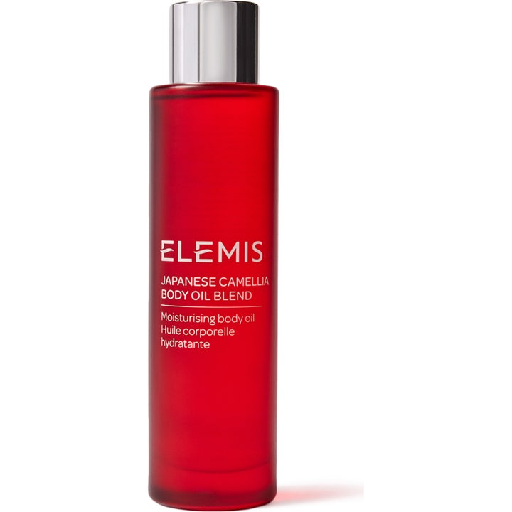 Elemis Japanese Camellia Body Oil Blend 100 ml fuktighetsgivende kroppsolje i rød glassflaske med sølvlokk