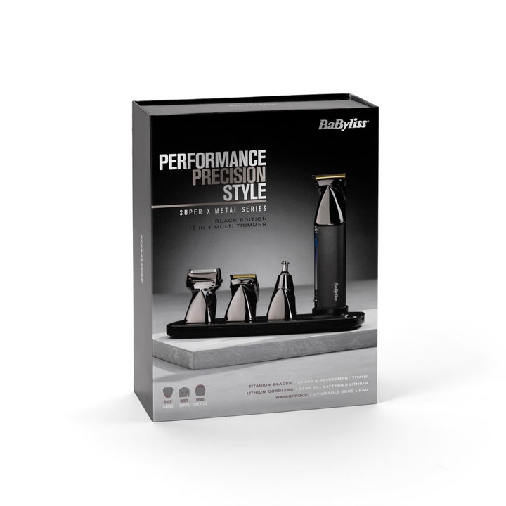BaByliss Super X Metal 15 in 1 Multi-Trimmer 1 stk skjegtrimmer i sort eske som viser trimmeren med utstyr