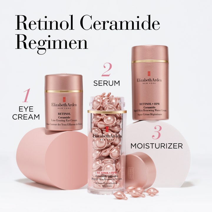 Elizabeth Arden Ceramide Capsules Retinol + HPR Serum 30 stk fornyende hudpleierutine med krukker i rosegull.