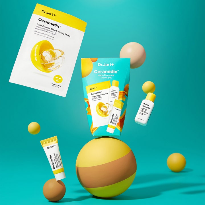 Dr.Jart+ Ceramidin Hello Moisture Travel Set 22 ml fuktighetsgivende hudpleie med maske og krem i gul og turkis design.