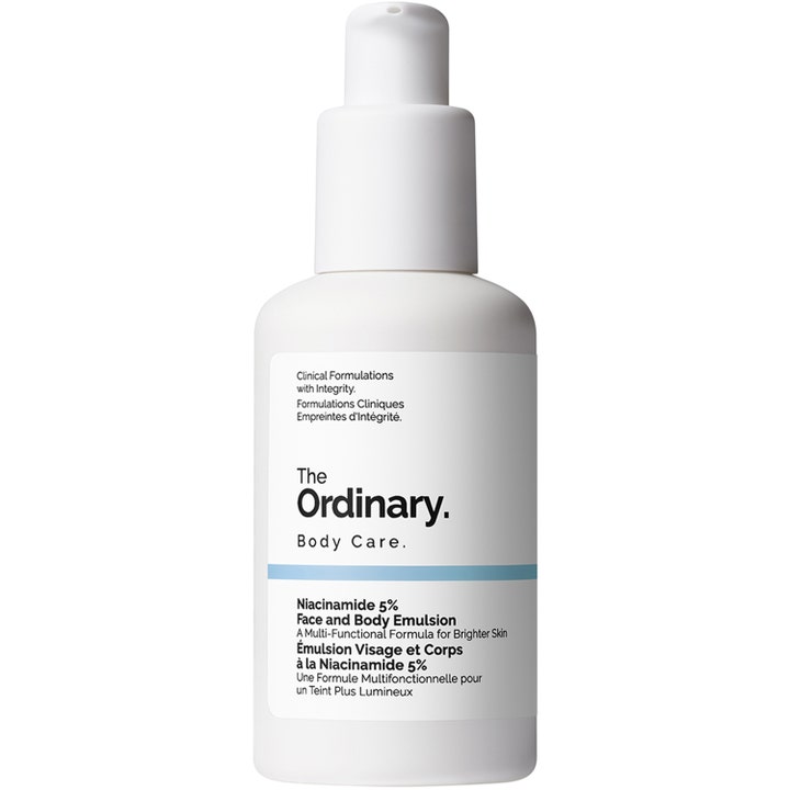 The Ordinary Niacinamide 5% Face and Body Emulsion 100ml gir klarere hud i hvit plastflaske med pumpe