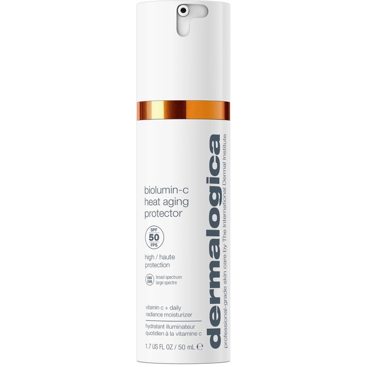 Dermalogica Biolumin-C Heat Aging Protector 50 ml SPF 50 fuktighetskrem med vitamin C i hvit pumpeflaske med oransje detalj
