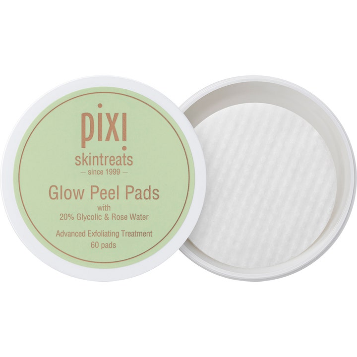 Pixi Glow Peel Pads 60 stk eksfolierende behandling med glykolsyre i åpen hvit krukke med teksturerte pads
