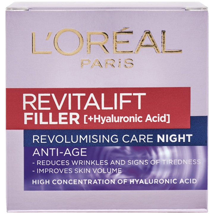 L'Oréal Paris Revitalift Filler 50 ml nattkrem i lilla eske som reduserer rynker med hyaluronsyre.