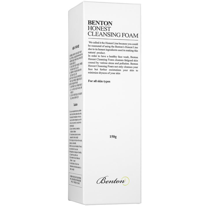 Benton Honest Cleansing Foam 150 g er et mildt rengjøringsskum i hvit pappeske som gir fuktighet til alle hudtyper.