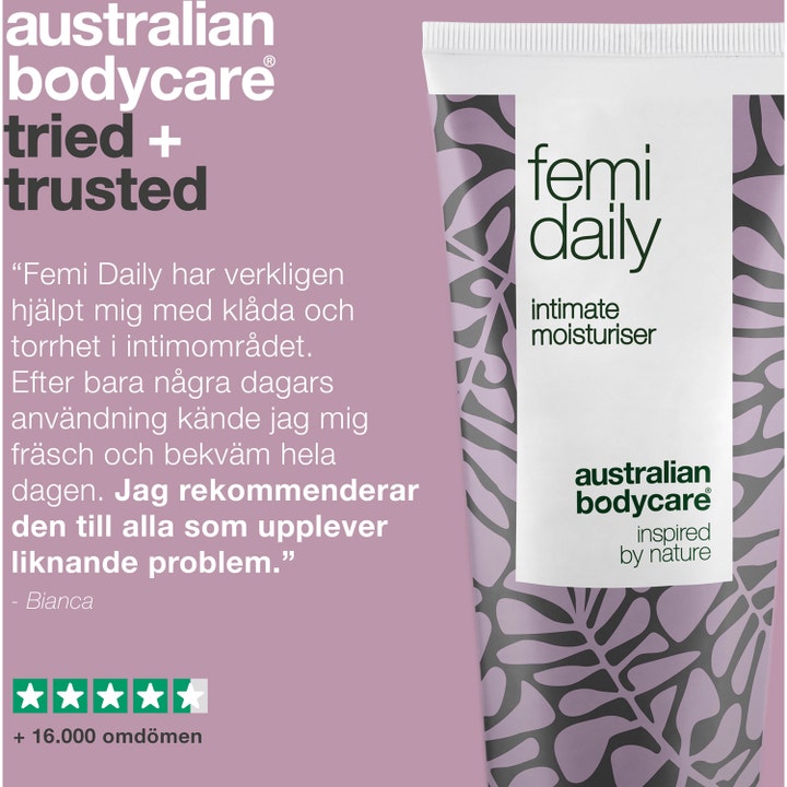 Australian Bodycare Femi Daily 100 ml fuktighetskrem for intimpleie med lilla mønster og kundeomtale