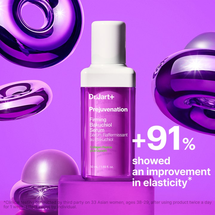 Dr.Jart+ Prejuvenation Firming Bakuchiol Serum 50 ml i lilla glassflaske omgitt av glinsende lilla former.
