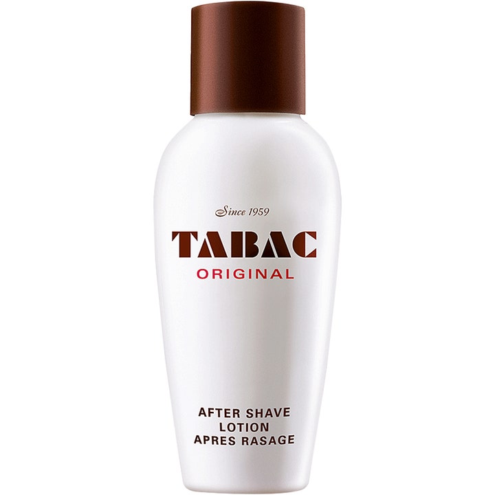 Tabac Original After Shave Lotion beroligende etterbarberingsvann i hvit flaske med brunt lokk og rød logo.