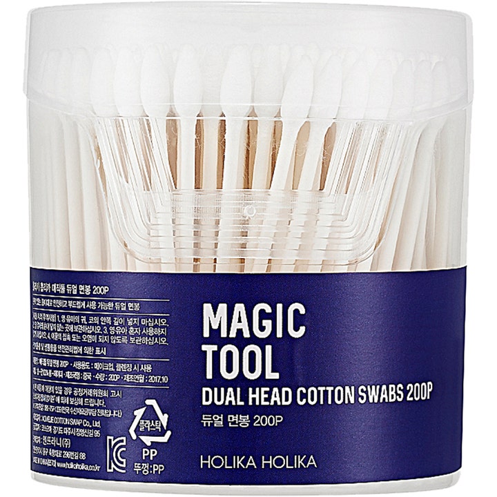 Holika Holika Magic Tool Dual Head Cotton Swabs 200 stk for presis rengjøring i en klar plastbeholder med blå etikett
