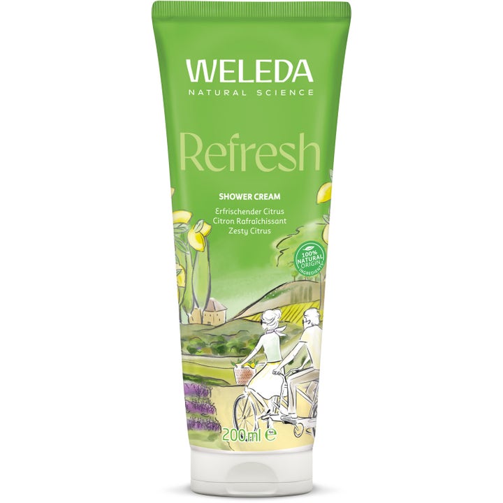 Weleda Refresh Shower Cream 200 ml oppfriskende dusjkrem i grønn tube med motiv av et par på sykkel og sitrontrær