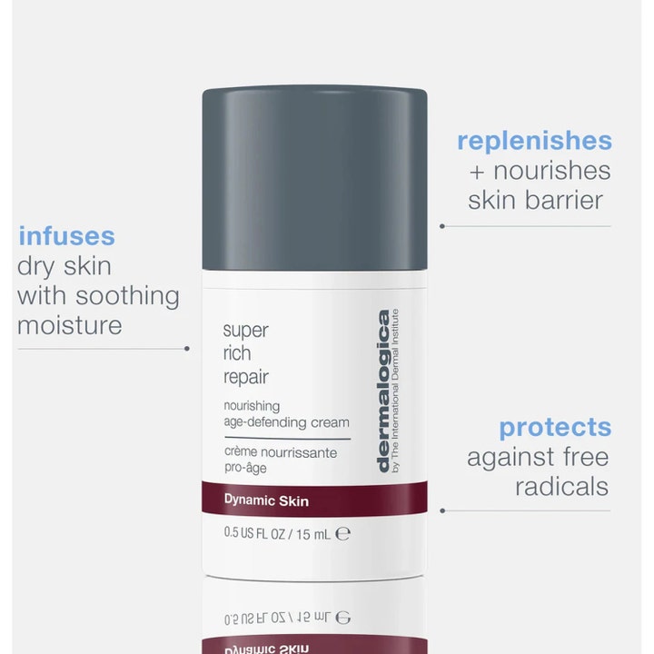 Dermalogica Super Rich Repair 15 ml nærende ansiktskrem i hvit beholder som fukter tørr hud og styrker hudbarrieren.