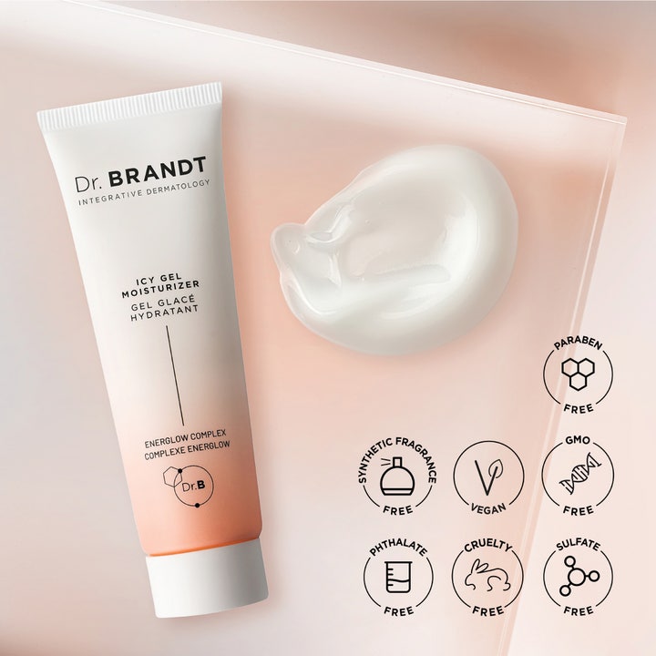 Dr Brandt iD-STRESS Icy Energizing Gel Moisturizer 50 g ansiktskrem med hvit geltekstur og veganske symboler på tube.