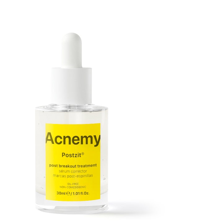 Acnemy Postzit 30 ml behandling mot kvisearr i klar glassflaske med gul etikett og hvit pipette