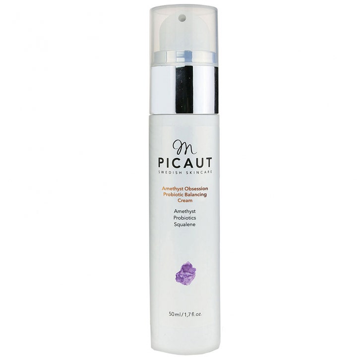 M Picaut Amethyst Obsession Probiotic Balancing Cream 50 ml balanserende ansiktskrem i hvit pumpeflaske med sølvdetaljer.