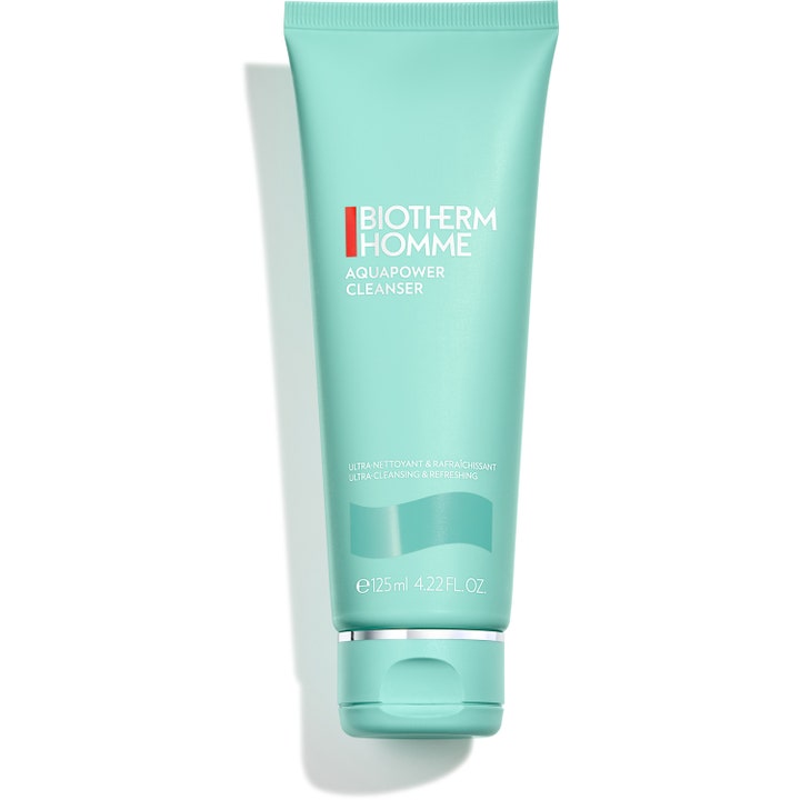 Biotherm Homme Aquapower Cleanser 125 ml forfriskende ansiktsrens i en mintgrønn tube med sølvdetalj og flipplokk.