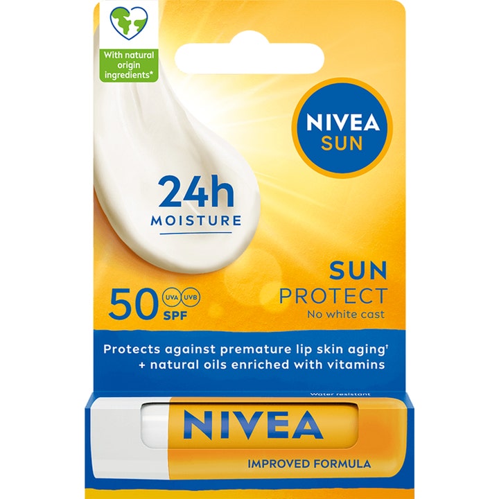 Nivea Sun Protect SPF 50 fuktighetsgivende leppepomade i gul og blå innpakning som gir 24 timers fukt