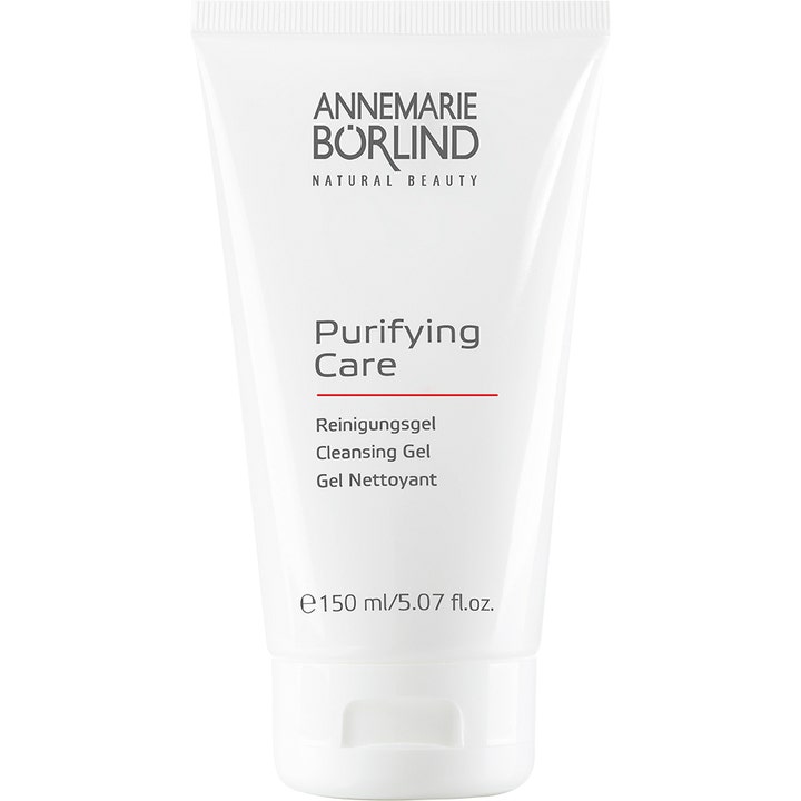 Annemarie Börlind Purifying Care Cleansing Gel 150 ml renser huden i en hvit tube med sort tekst og rød detalj