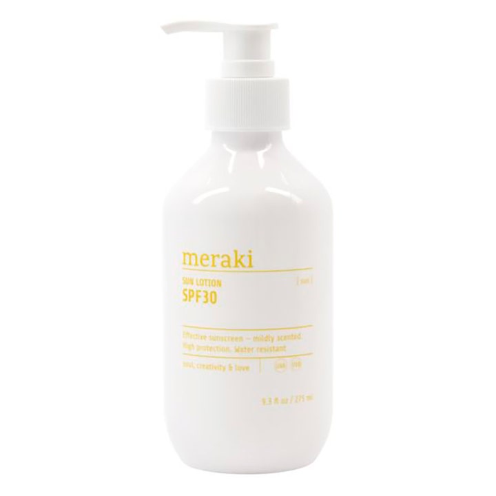 Meraki Sun Lotion SPF30 275 ml gir effektiv solbeskyttelse i en hvit pumpeflaske med minimalistisk gul tekst.