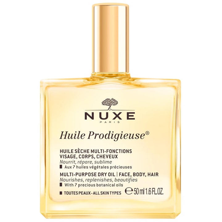 Nuxe Huile Prodigieuse 50 ml pleiende tørrolje som gir næring i en firkantet glassflaske med gullfarget kork