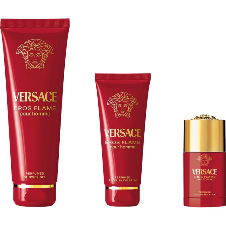 Versace Eros Flame 75 ml deostick i rød beholder med shower gel og after shave balm som gir friskhet.