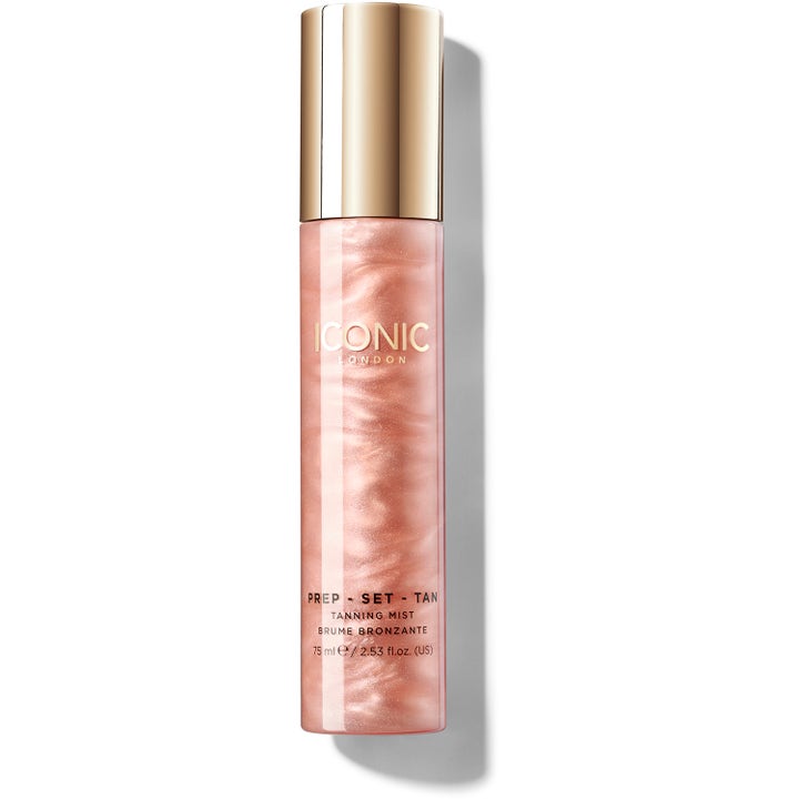 Iconic London Prep-Set-Tan Tanning Mist 75 ml selvbruningsmist som gir glød med skimrende rosegull væske og gullkork
