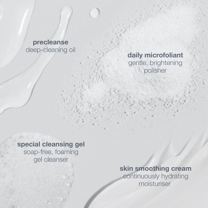 Dermalogica Discover Healthy Skin Kit hudpleiesett med teksturer av olje, pulver, skummende gel og ansiktskrem
