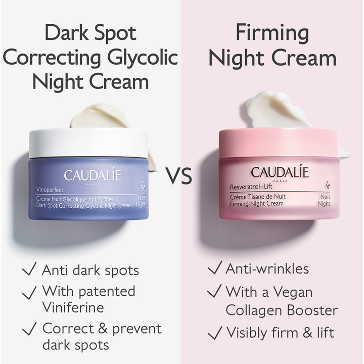 Caudalie Vinoperfect Night Cream 50 ml nattkrem mot pigmentflekker i blå krukke sammenlignet med rosa krukke.