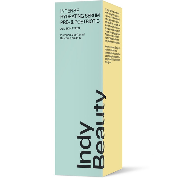 Indy Beauty Intense Hydrating Serum 30 ml fuktighetsgivende ansiktsserum i en lysegrønn og gul eske som gir fuktighet