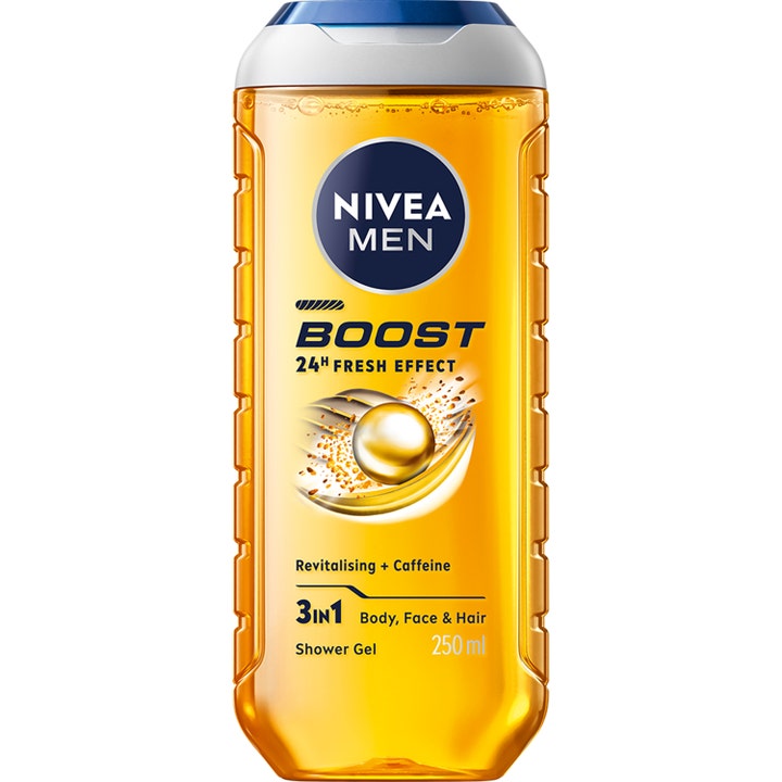 Nivea Men Boost 250 ml revitaliserende dusjsåpe med koffein i en gjennomsiktig oransje flaske med blått lokk