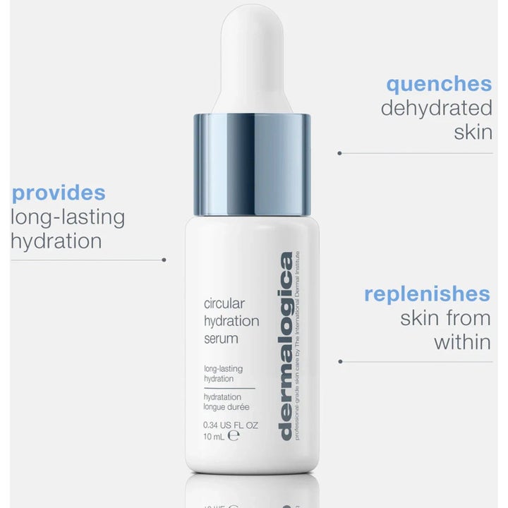 Dermalogica Circular Hydration Serum 10 ml fuktgivende serum i hvit flaske som slukker tørst og fuktfattig hud.