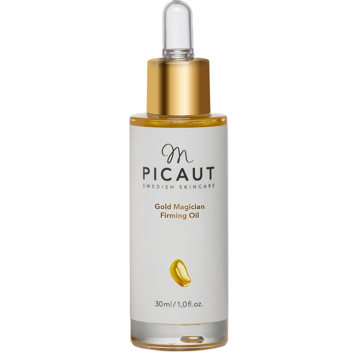 M Picaut Gold Magician Firming Oil 30 ml oppstrammende ansiktsolje i glassflaske med hvit etikett og gullfarget kork