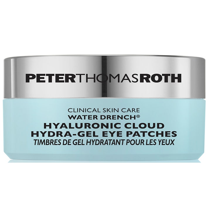 Peter Thomas Roth Water Drench Hyaluronic Cloud Hydra-Gel Eye Patches fuktighetsgivende øyepleie i lyseblå krukke med sølvlokk
