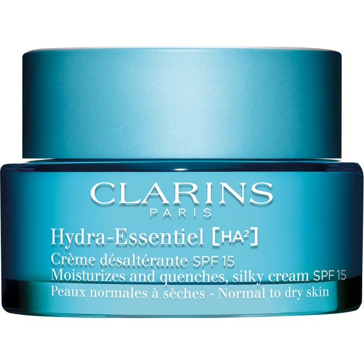 Clarins Hydra Essentiel [HA²] SPF 15 fuktighetsgivende dagkrem for normal til tørr hud i blå glasskrukke med blått lokk