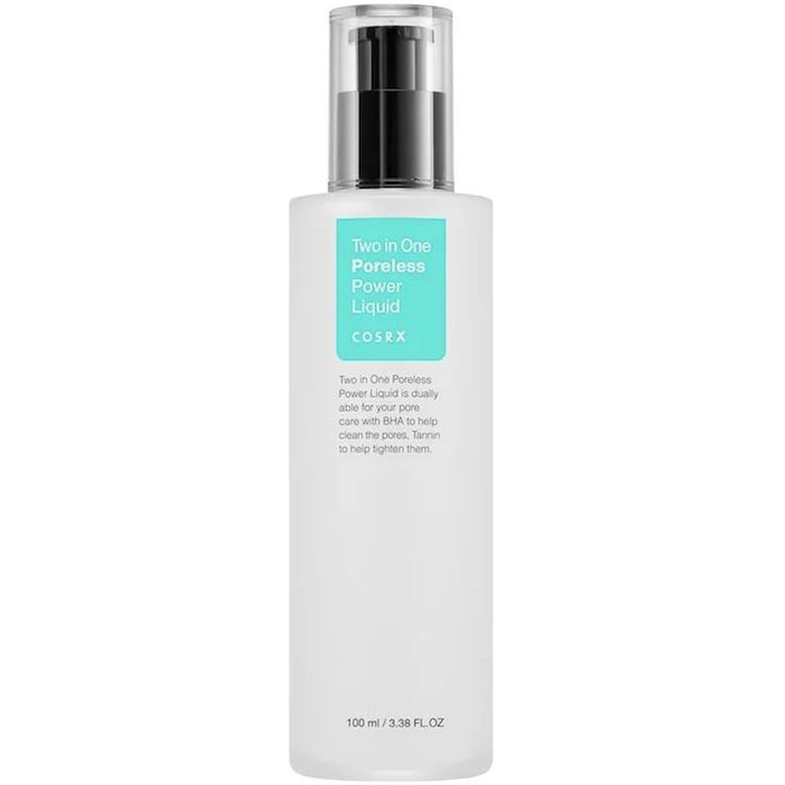 COSRX Two in One Poreless Power Liquid 100 ml poresammentrekkende behandling i hvit frostet flaske med turkis etikett.