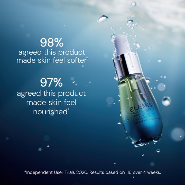 Elemis Pro-Collagen Marine Oil 15 ml ansiktsolje i blå glassflaske med pipette i vann og tekst om 98% mykere hud.