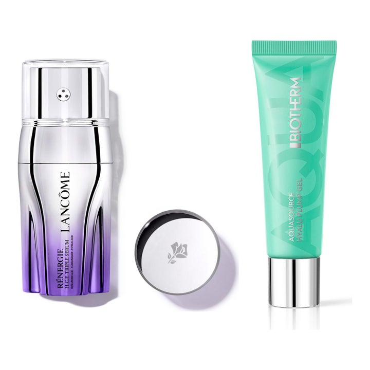 Biotherm Hyalu Plump Gel og Lancôme Rénergie Triple Serum gir fuktighet i mintgrønn tube og lilla metallisk flaske