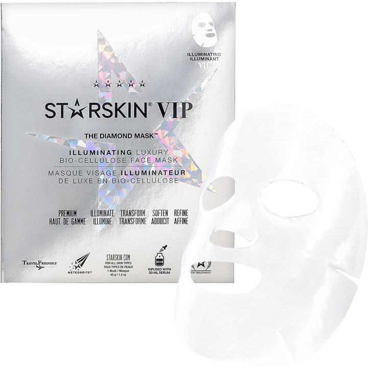 Starskin VIP The Diamond Mask 40g ansiktsmaske gir glød med hvit bio-cellulose og sølvfarget pakning.